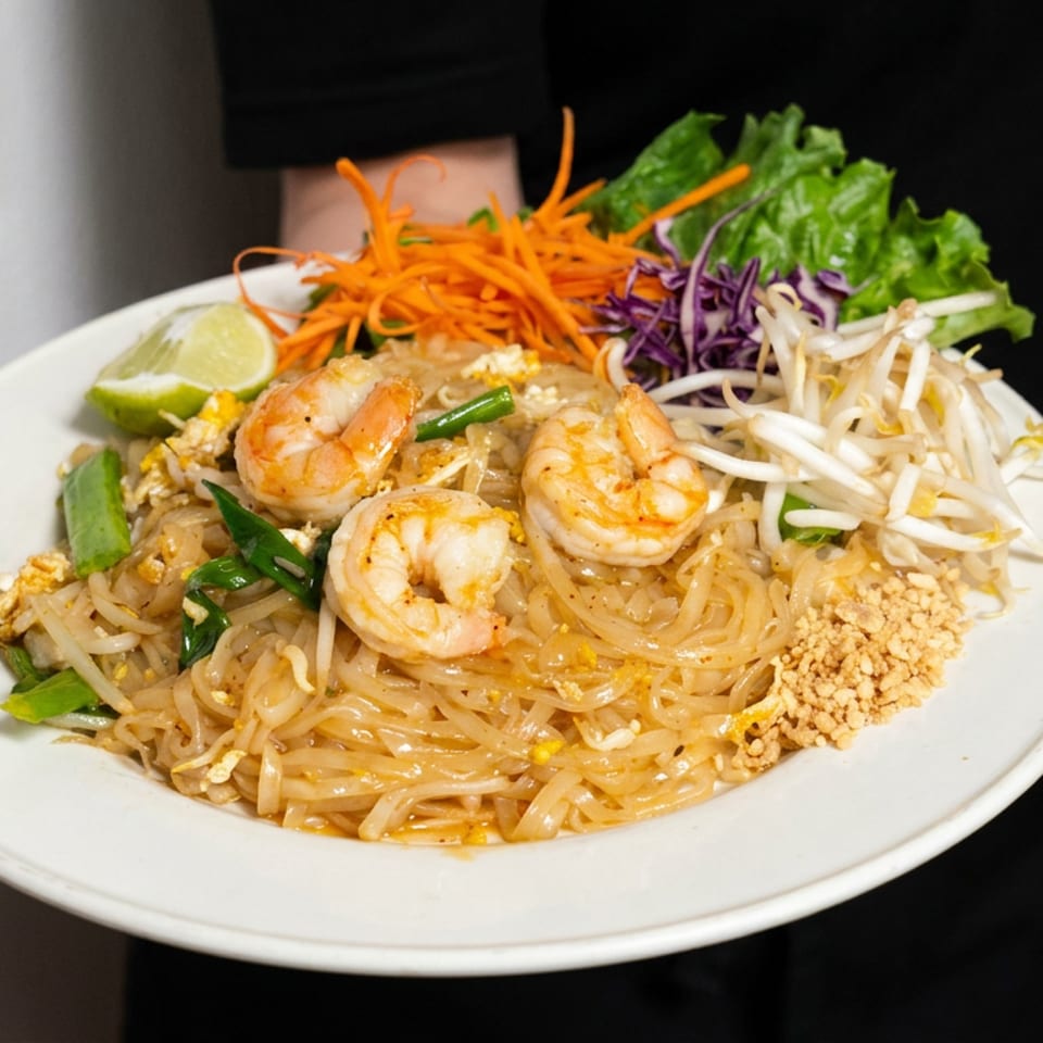 Plate of shrimp pad Thai topped with bean sprouts, shredded carrots, lettuce, lime, peanuts, and purple cabbage.