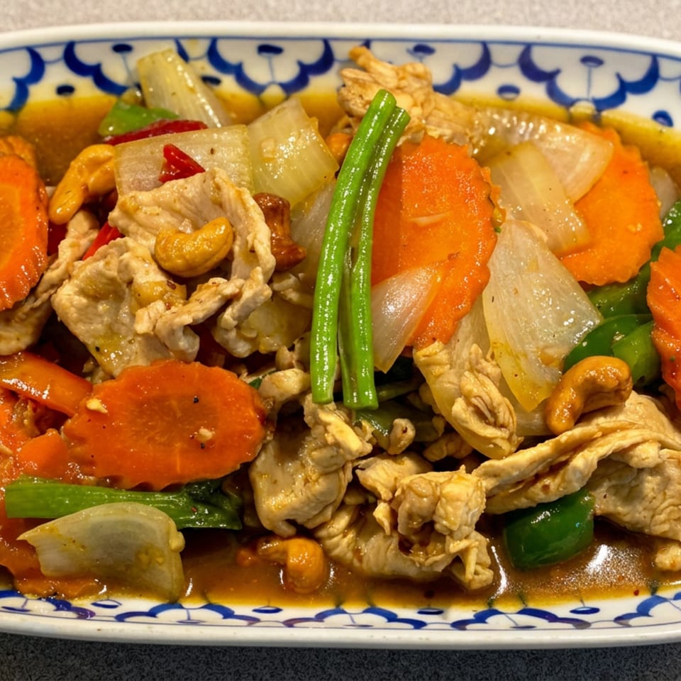 Stir-fried chicken with cashews, carrots, onions, green beans, and peppers in brown sauce on a decorative plate.
