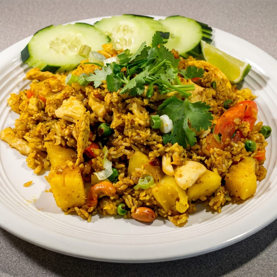 Plate of golden fried rice with vegetables, tofu, cashews, cilantro, cucumber slices, and lime wedge.